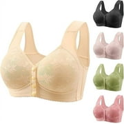 CLOISE Bras for Women Plus Size Front Closure Full Coverage No Underwire Bras for Seniors Comfort Wireless Front Close Push up Bras with Back Support Lace Sleeping Everyday Bras Beige XL